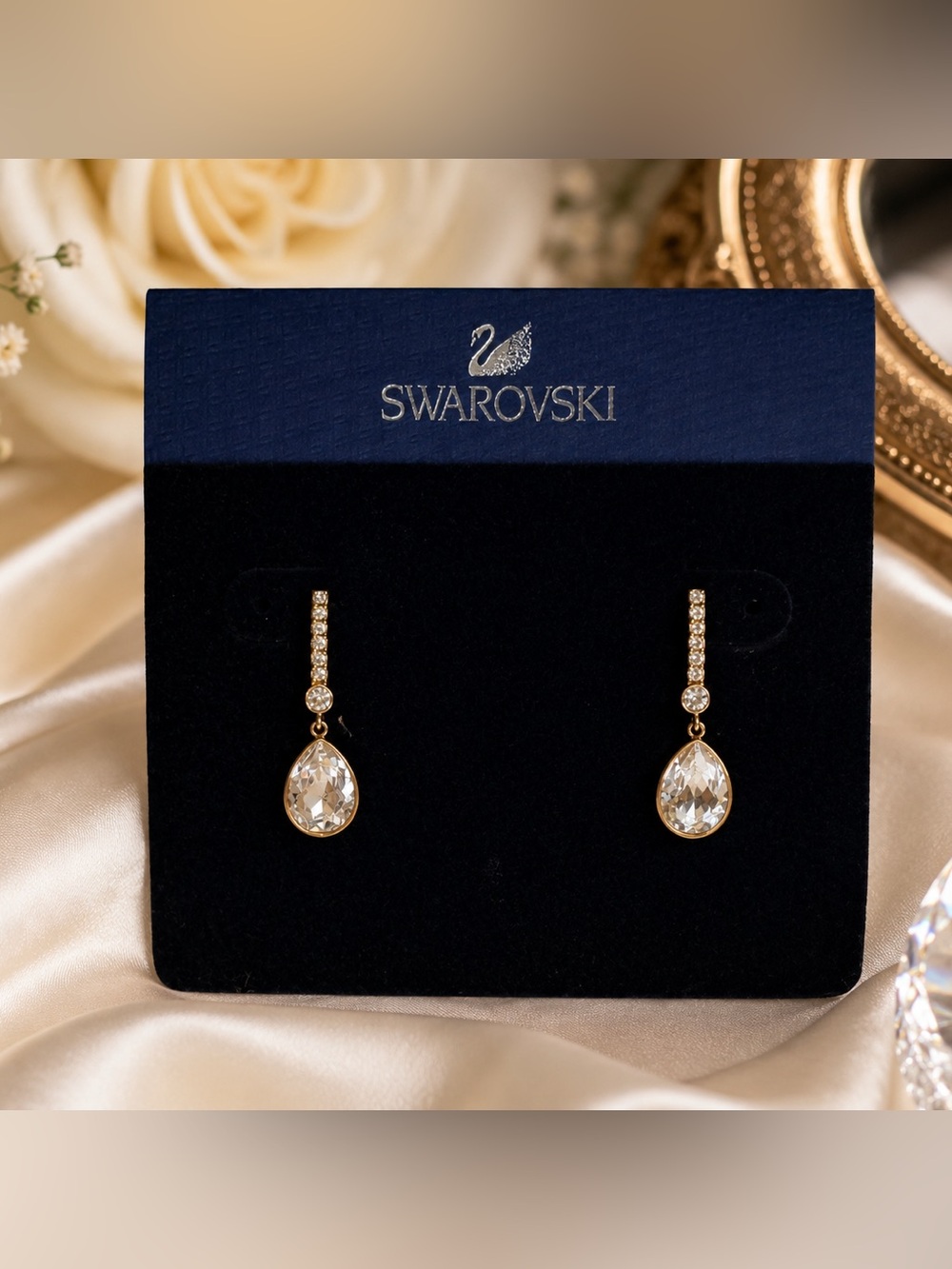 Swarovski 5036783 Crystal Teardrop Drop Earrings Gold Tone NWT Display Card